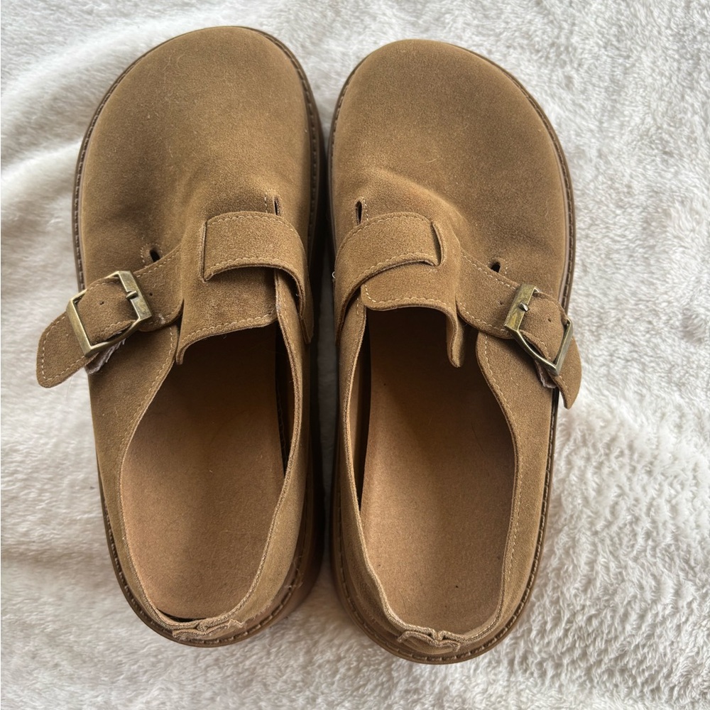 Tan Suede Buckle Clogs